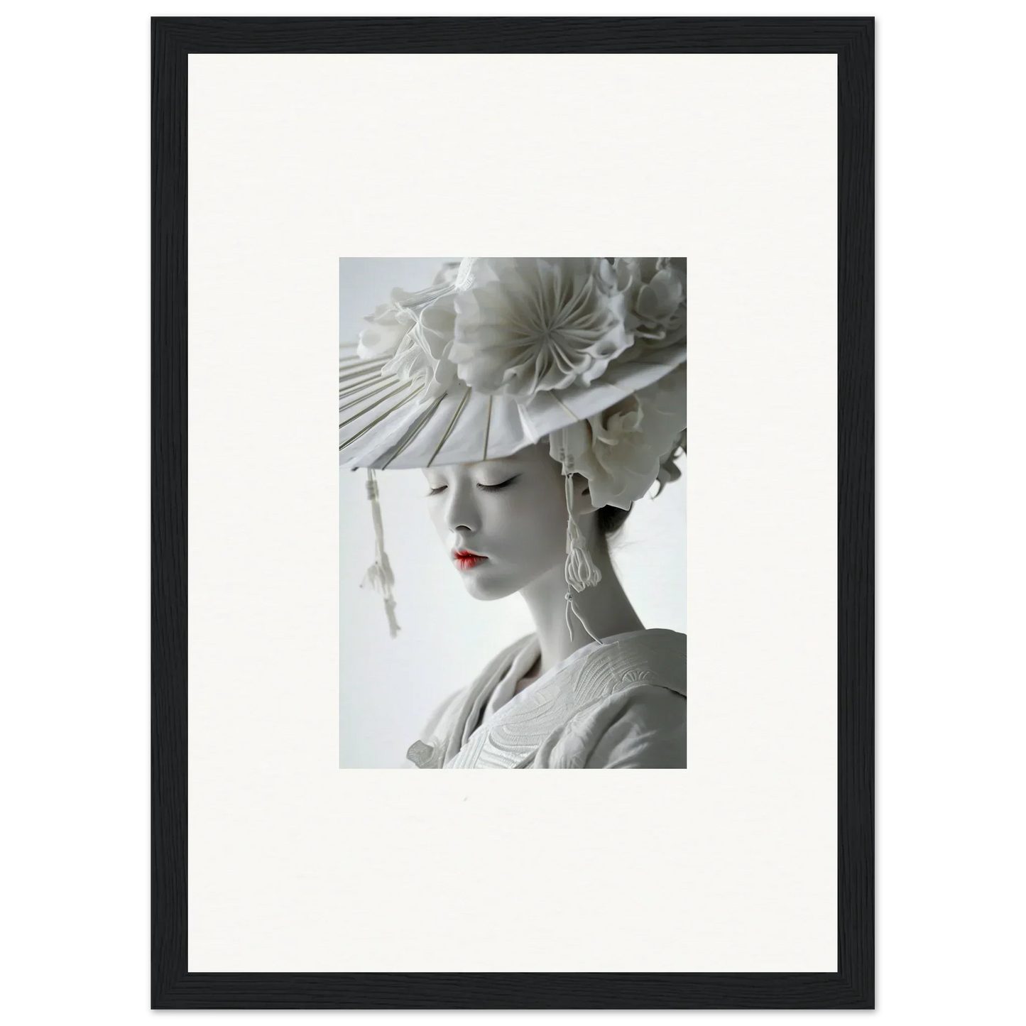 Framed black-and-white photo of a woman with a hat and red lips for petal dreams room decoration