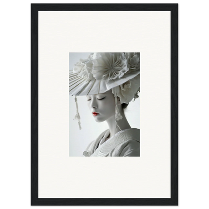 Framed black-and-white photo of a woman with a hat and red lips for petal dreams room decoration