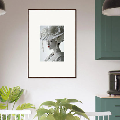 Framed black and white portrait of a woman in a stylish hat for petal dreams room decoration