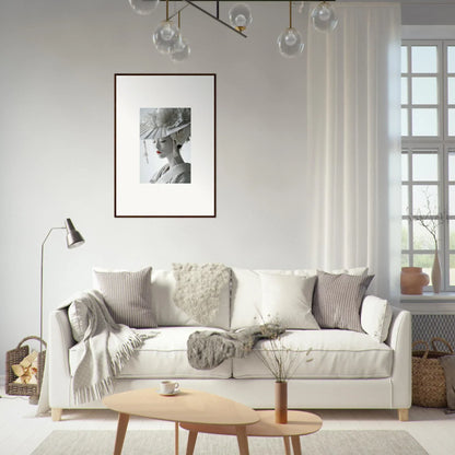 White sofa with gray and cream pillows for cozy room decoration in Petal Dreams style