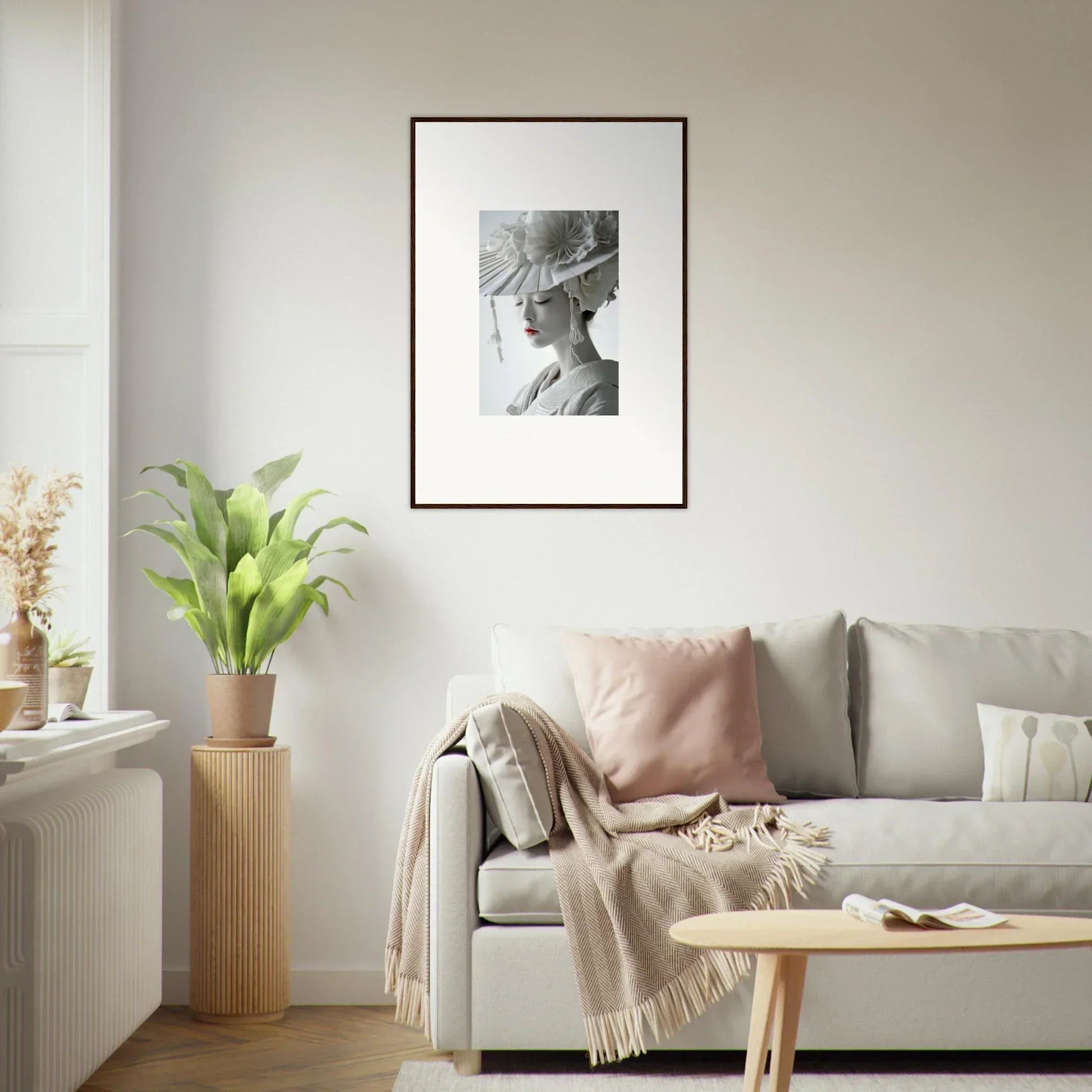 Framed black and white portrait with a stylish hat perfect for petal dreams room decoration