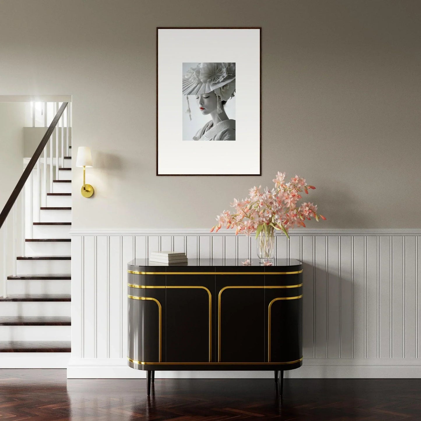 Elegant black sideboard with gold trim, perfect for Petal Dreams room decoration