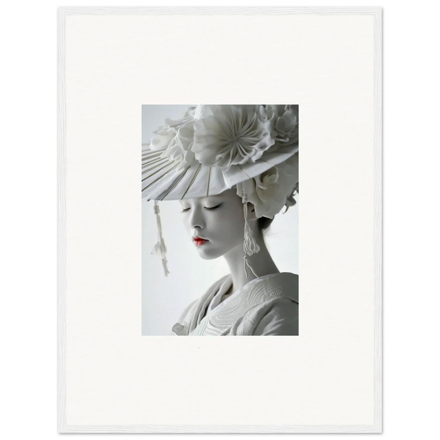 Monochrome portrait of woman in floral hat, bright lips pops for petal dreams canvas print