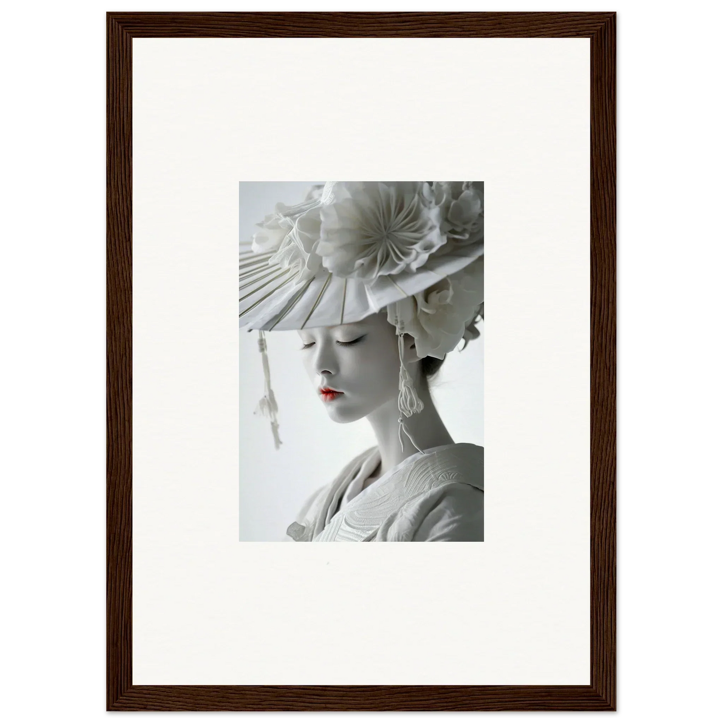 Framed black and white photo of a stylish woman with a hat, perfect for room decoration