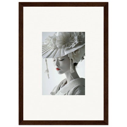 Framed black and white photo of a stylish woman with a hat, perfect for room decoration