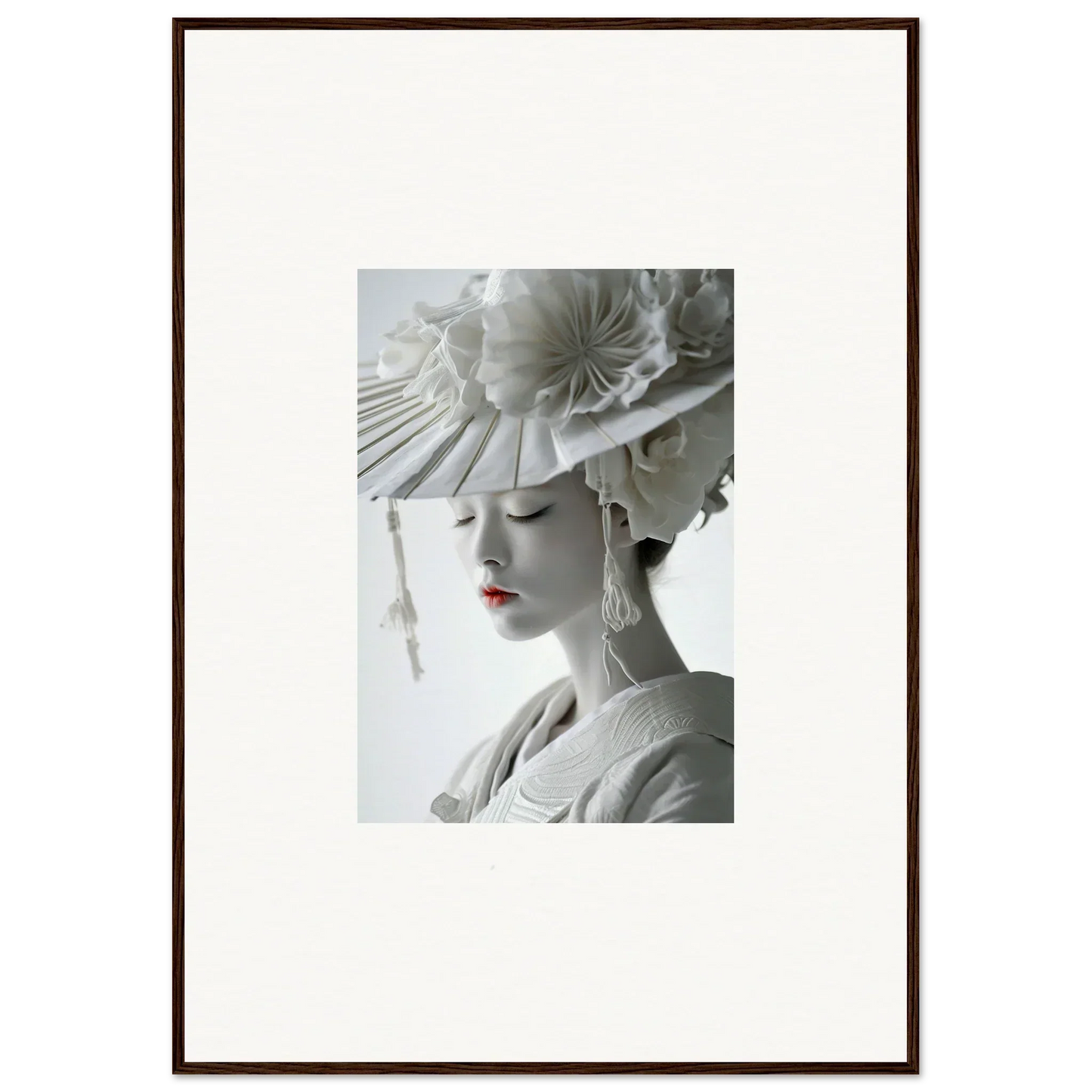 Framed canvas print of a person in a white hat and red lipstick for petal dreams room decoration