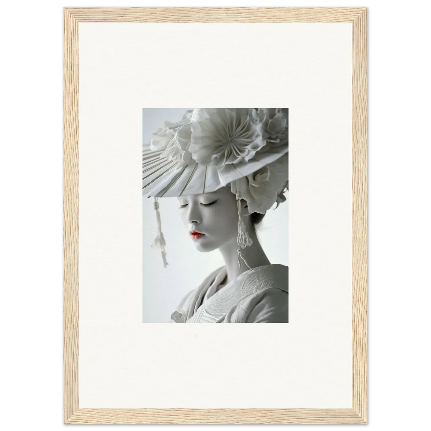 Framed black and white photo with a stylish hat and red lipstick, perfect for petal dreams room decoration