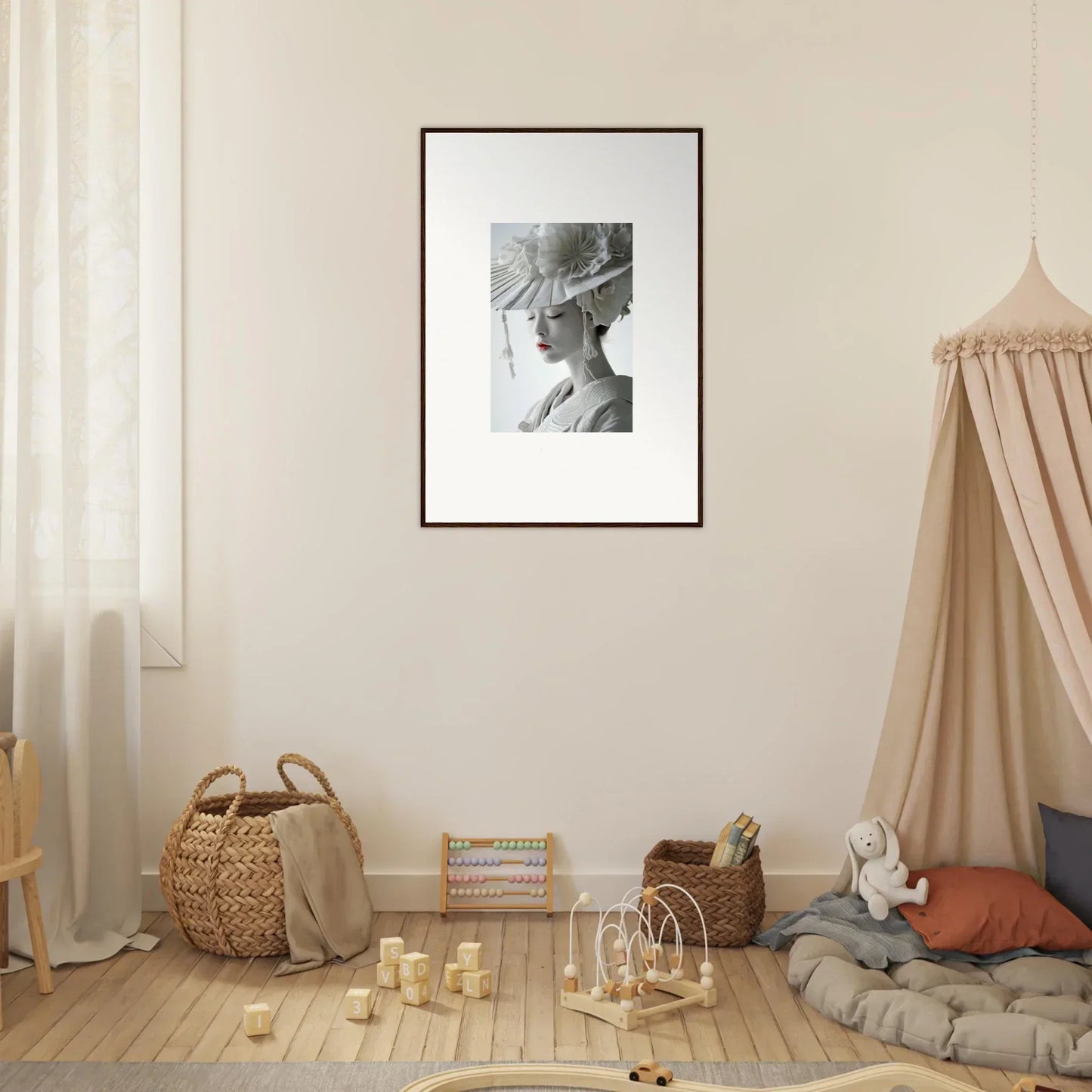 Framed black and white portrait with hat, perfect for petal dreams room decoration