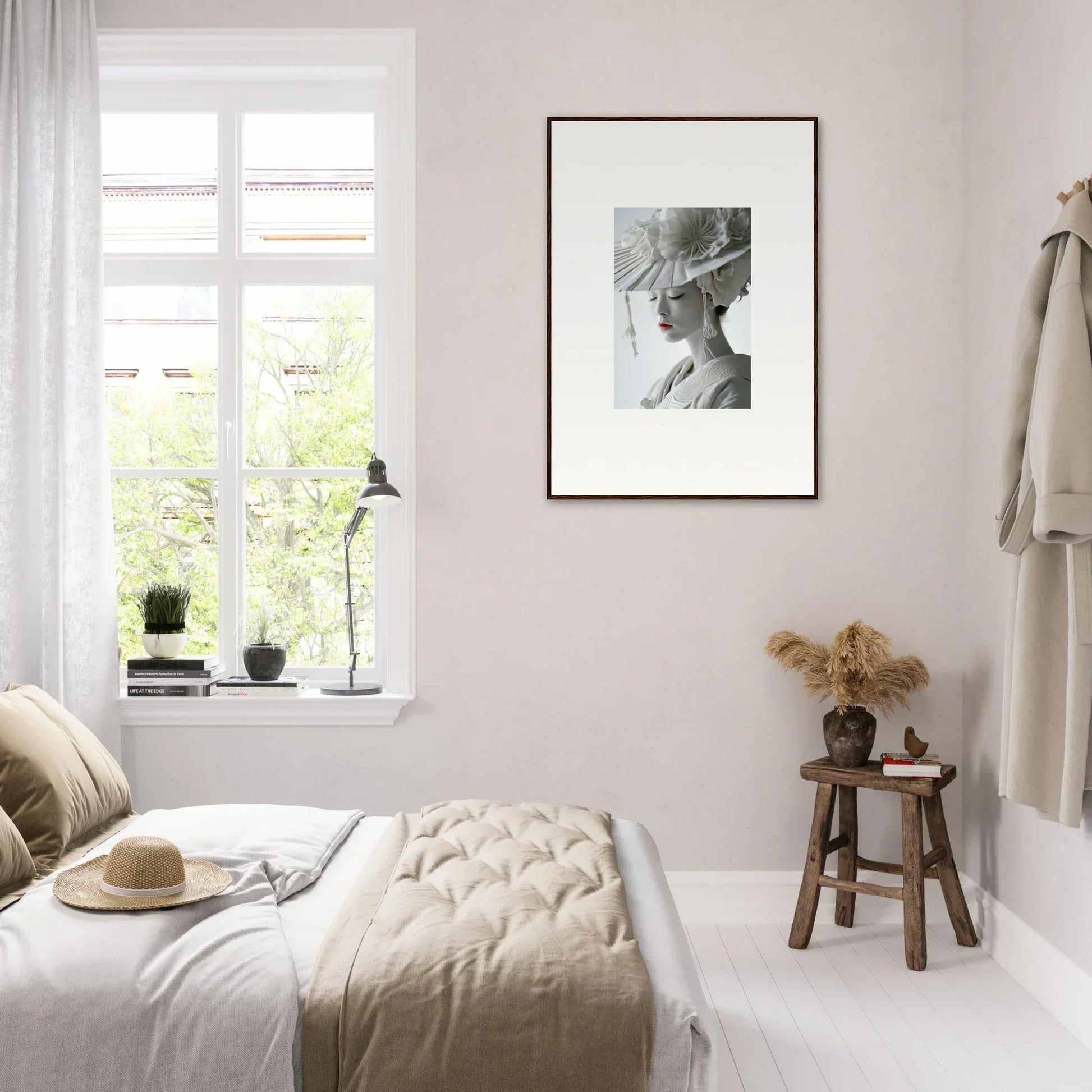 Bright minimalist bedroom with neutral tones and Petal Dreams canvas print on the wall