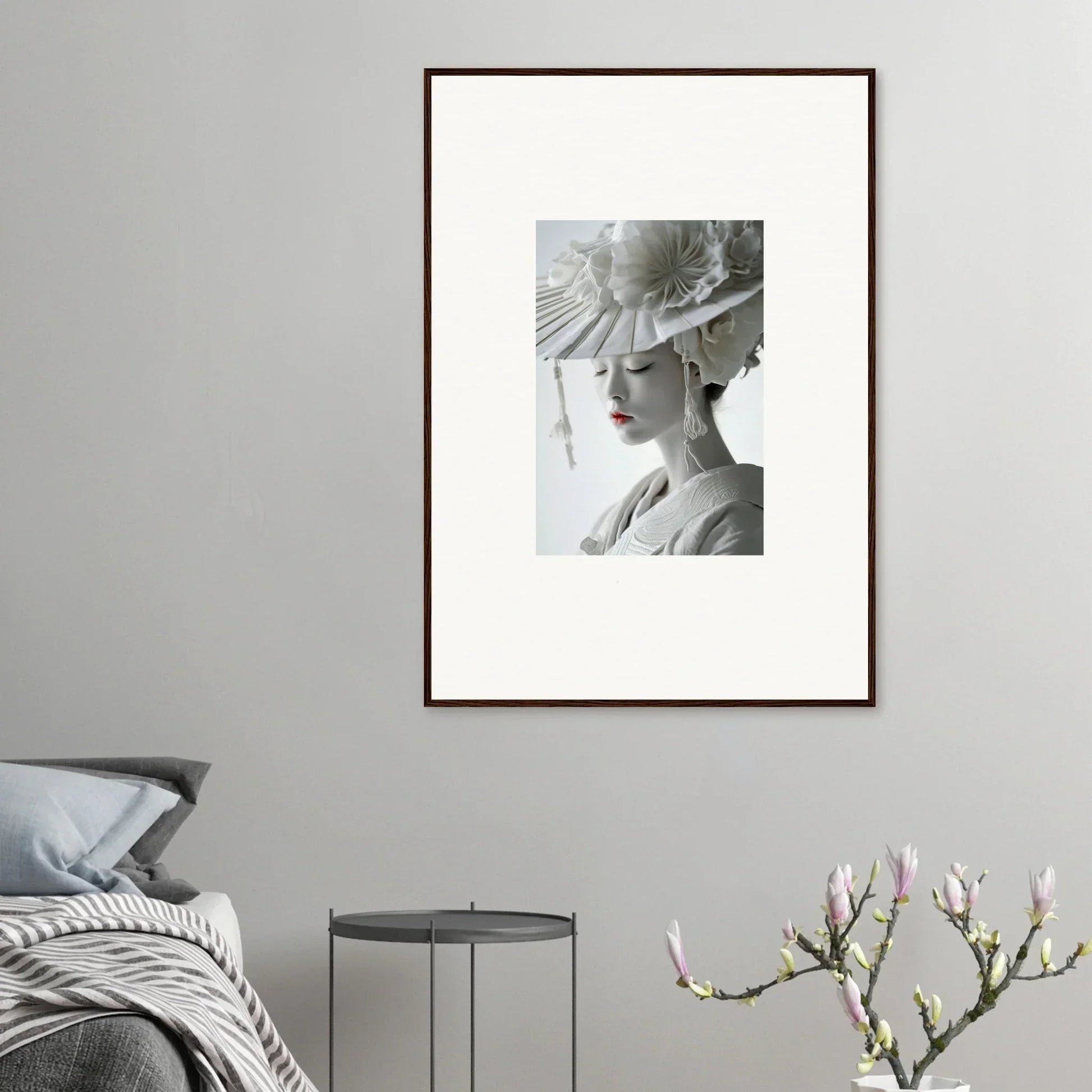 Framed black and white portrait with an elaborate hat and red lips for unique room decoration