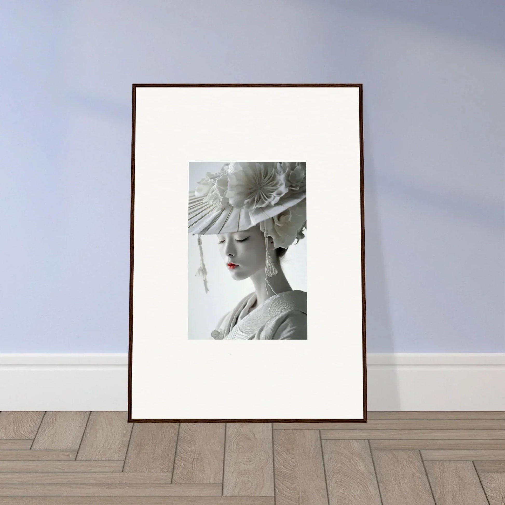 Framed black and white woman portrait with a hat, perfect for petal dreams room decoration