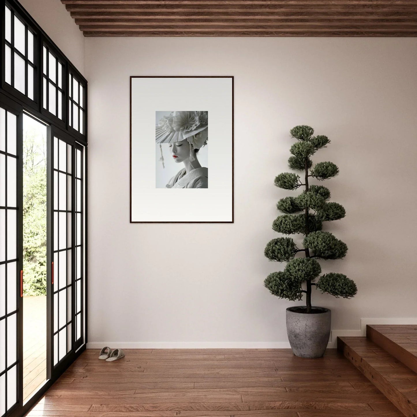 Framed black and white portrait for stylish room decoration featuring Petal Dreams design