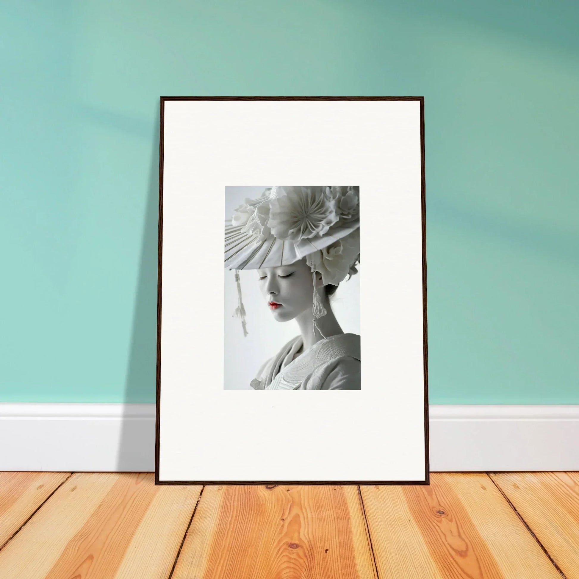 Framed black and white photo of a woman with a fancy hat, perfect for petal dreams room decoration