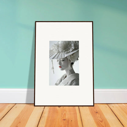 Framed black and white photo of a woman with a fancy hat, perfect for petal dreams room decoration