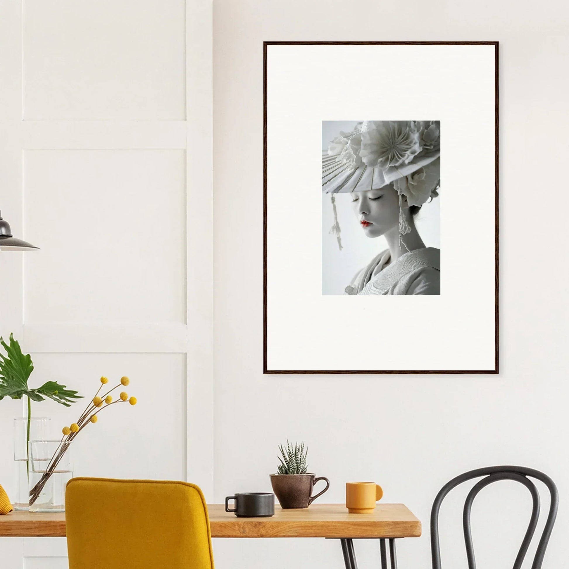 Framed black and white portrait with elegant hat and red lips for petal dreams room decoration