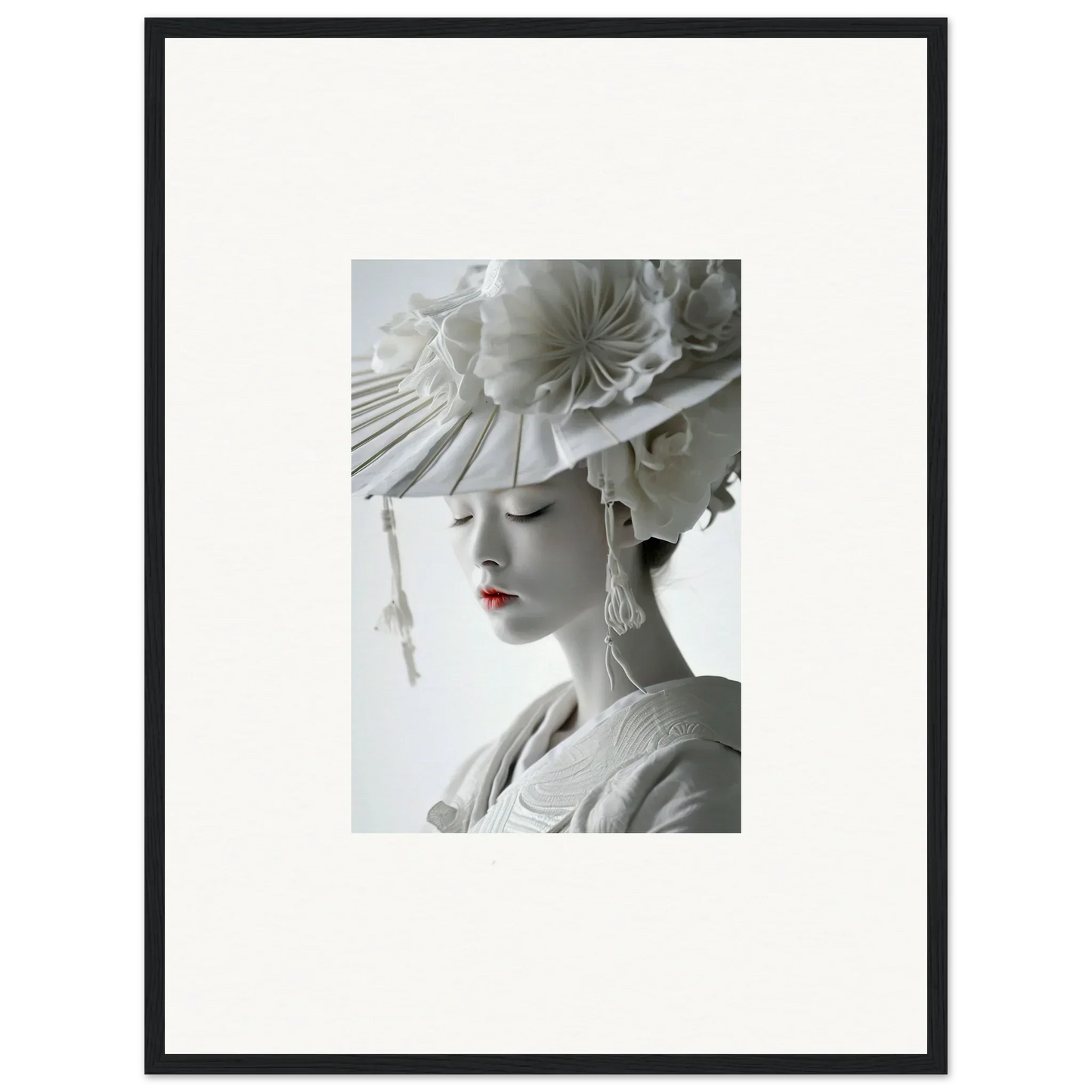 Black and white photo of a woman in an elaborate hat for Petal Dreams canvas print