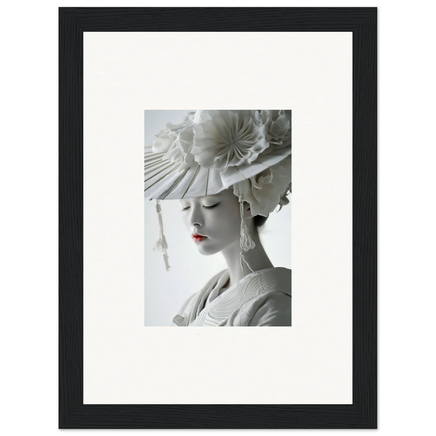 Framed black-and-white canvas print of a woman in an elaborate hat for petal dreams decor