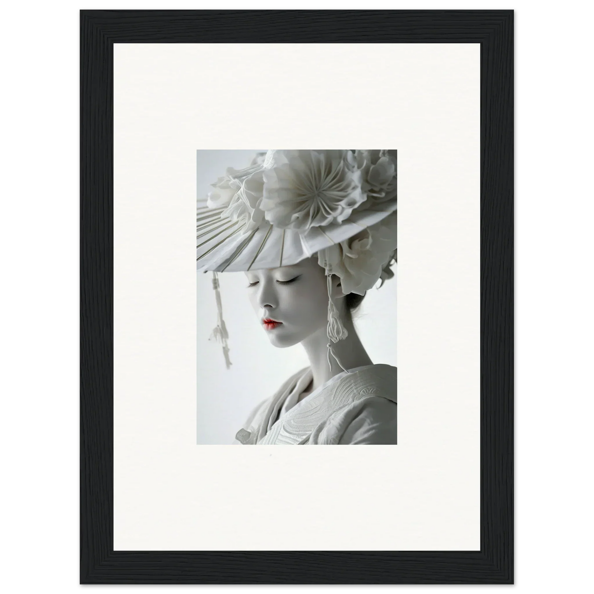 Framed black-and-white canvas print of a woman in an elaborate hat for petal dreams decor