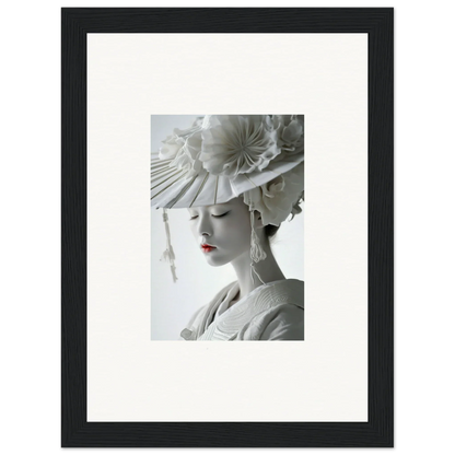 Framed black-and-white canvas print of a woman in an elaborate hat for petal dreams decor