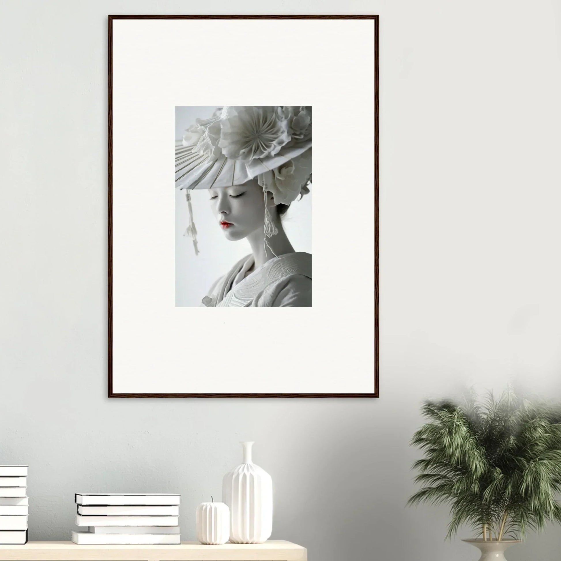 Framed black and white portrait of a woman in an ornate hat, perfect for room decoration