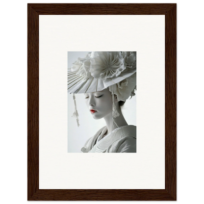 Framed black and white photo of a woman in an ornate hat, perfect for petal dreams room decoration