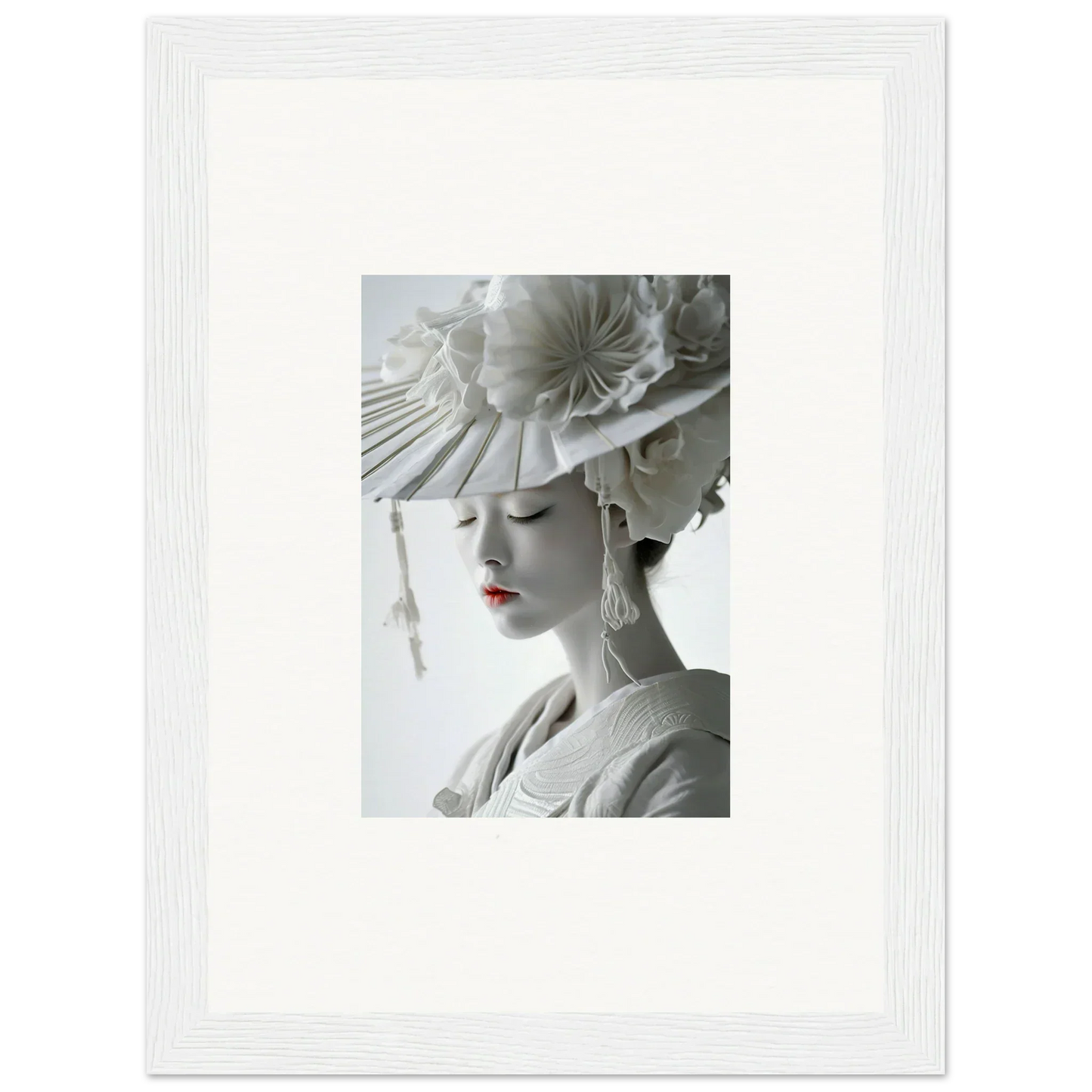 Framed black and white photo of a woman in a fancy hat for your petal dreams room decoration