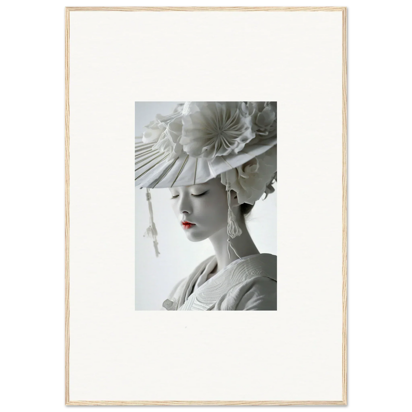 Elegant woman in a white hat with red lipstick, perfect for Petal Dreams room decoration