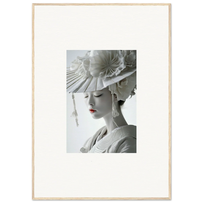 Elegant woman in a white hat with red lipstick, perfect for Petal Dreams room decoration