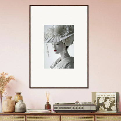 Framed black and white portrait of a woman in an ornate hat for petal dreams room decoration