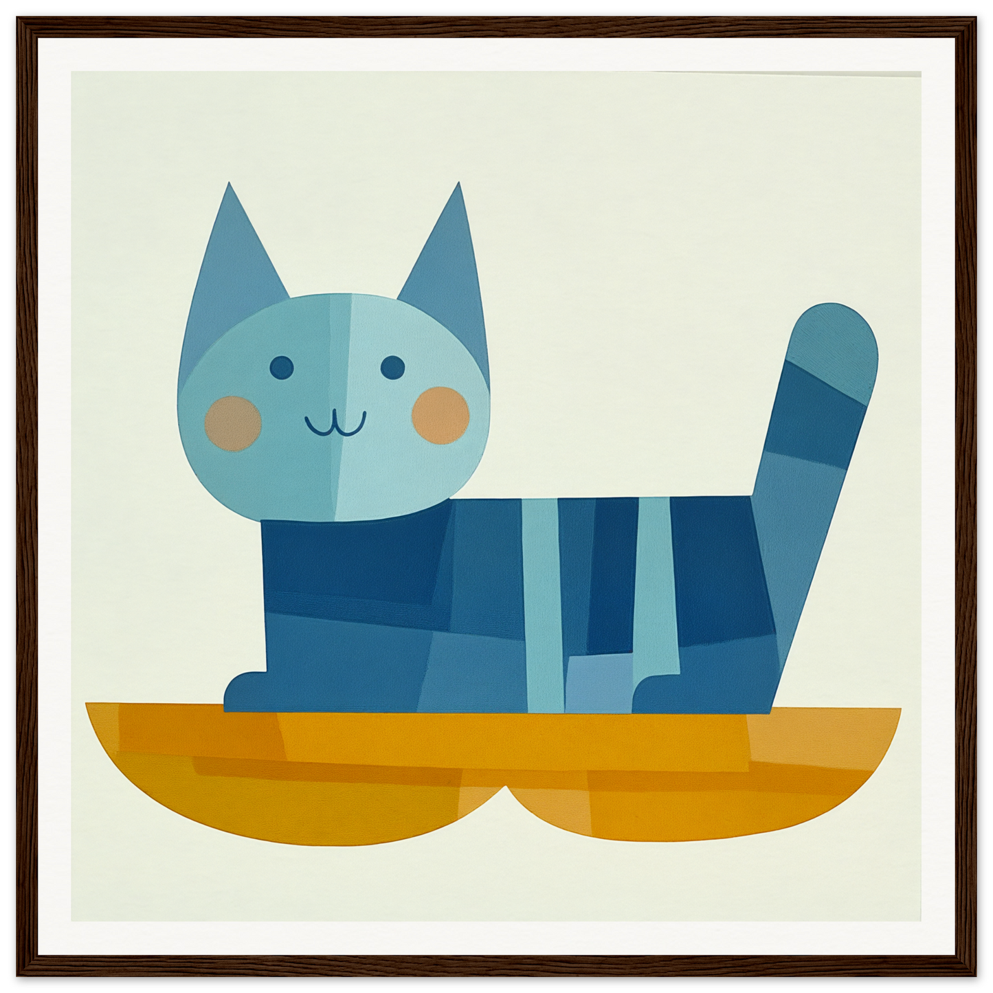 Cute blue geometric cat with stripes sitting in a yellow boat, part of Cat Dreamgrid