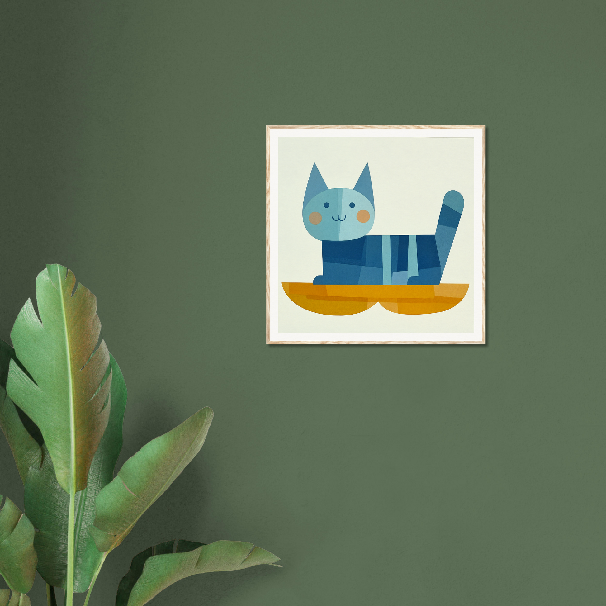 Framed art print of a geometric cat in a yellow boat for Cat Dreamgrid collection