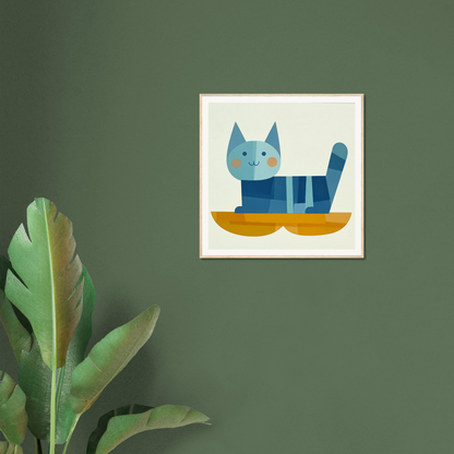 Framed art print of a geometric cat in a yellow boat for Cat Dreamgrid collection