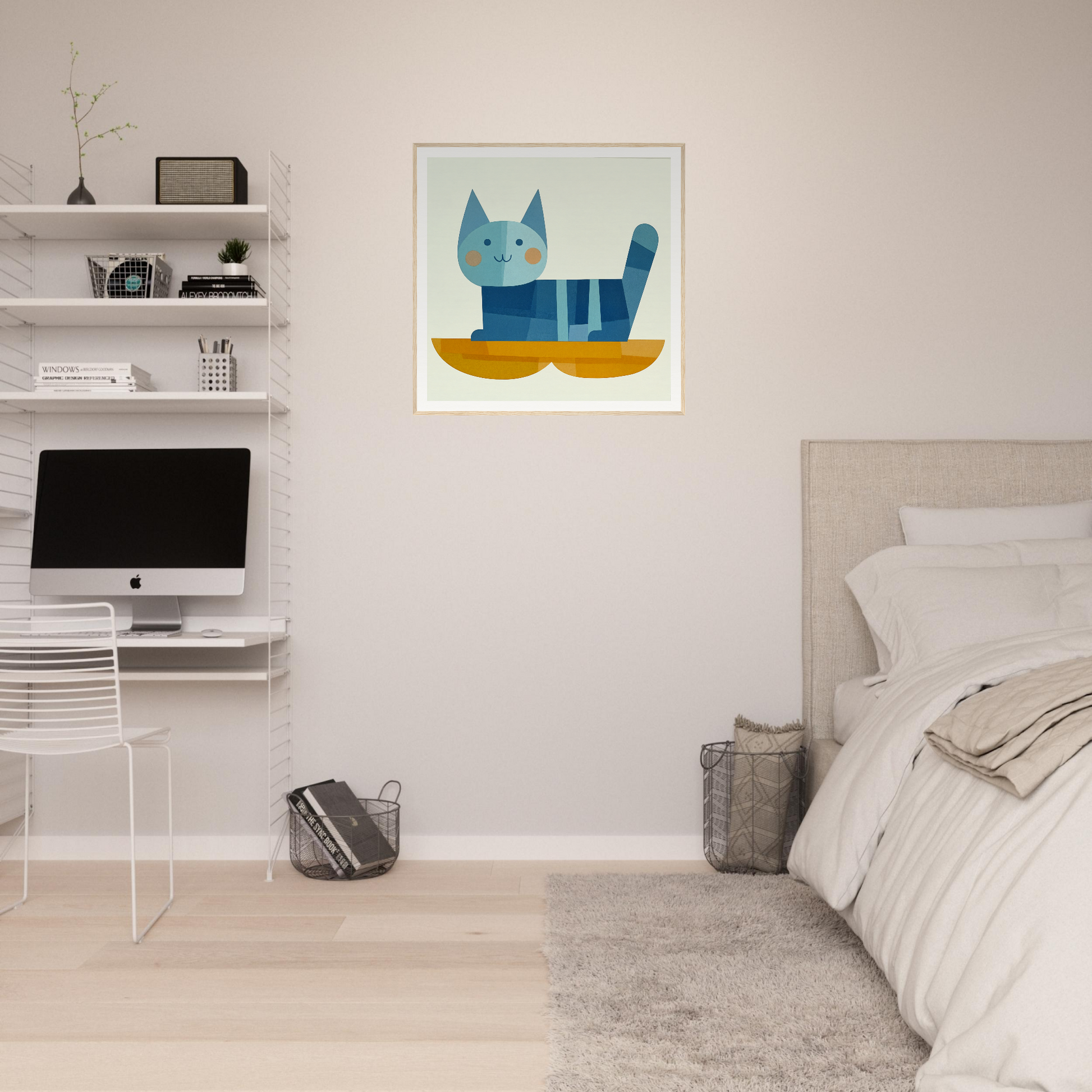 Whimsical blue cat on yellow boat in Geometric Cat Dreamgrid illustration