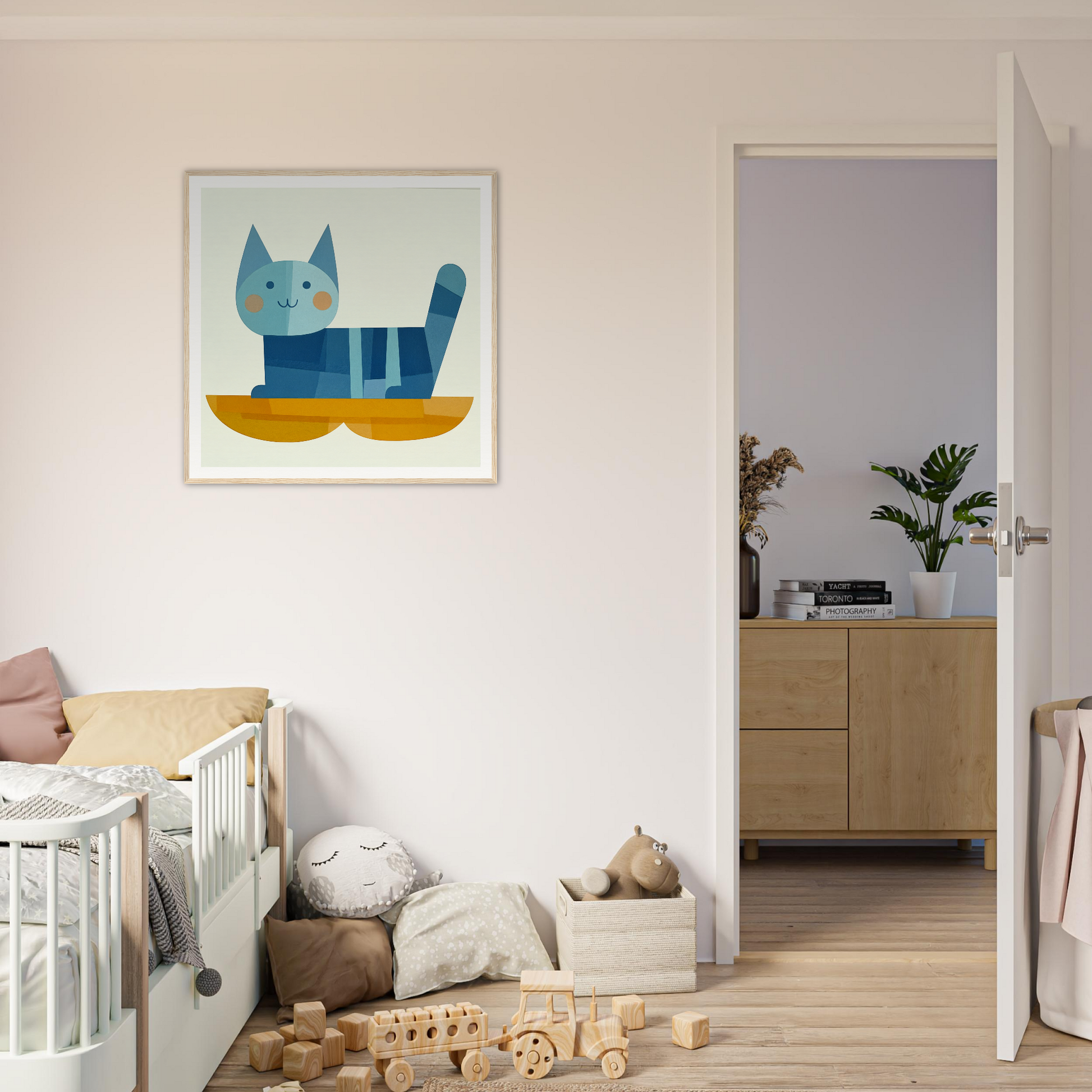 Whimsical blue striped cat artwork on a yellow boat in Geometric Cat Dreamgrid