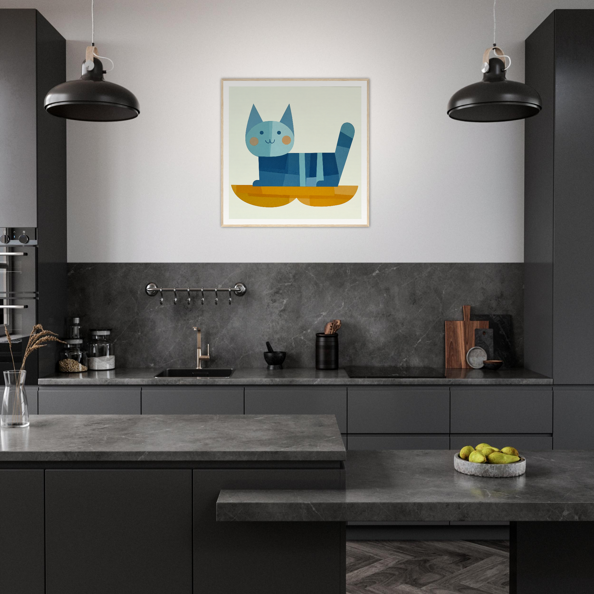 Modern dark gray kitchen with Geometric Cat Dreamgrid artwork featuring a whimsical blue cat