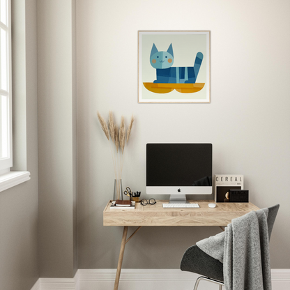 Blue striped cat on a yellow surface in Geometric Cat Dreamgrid art print