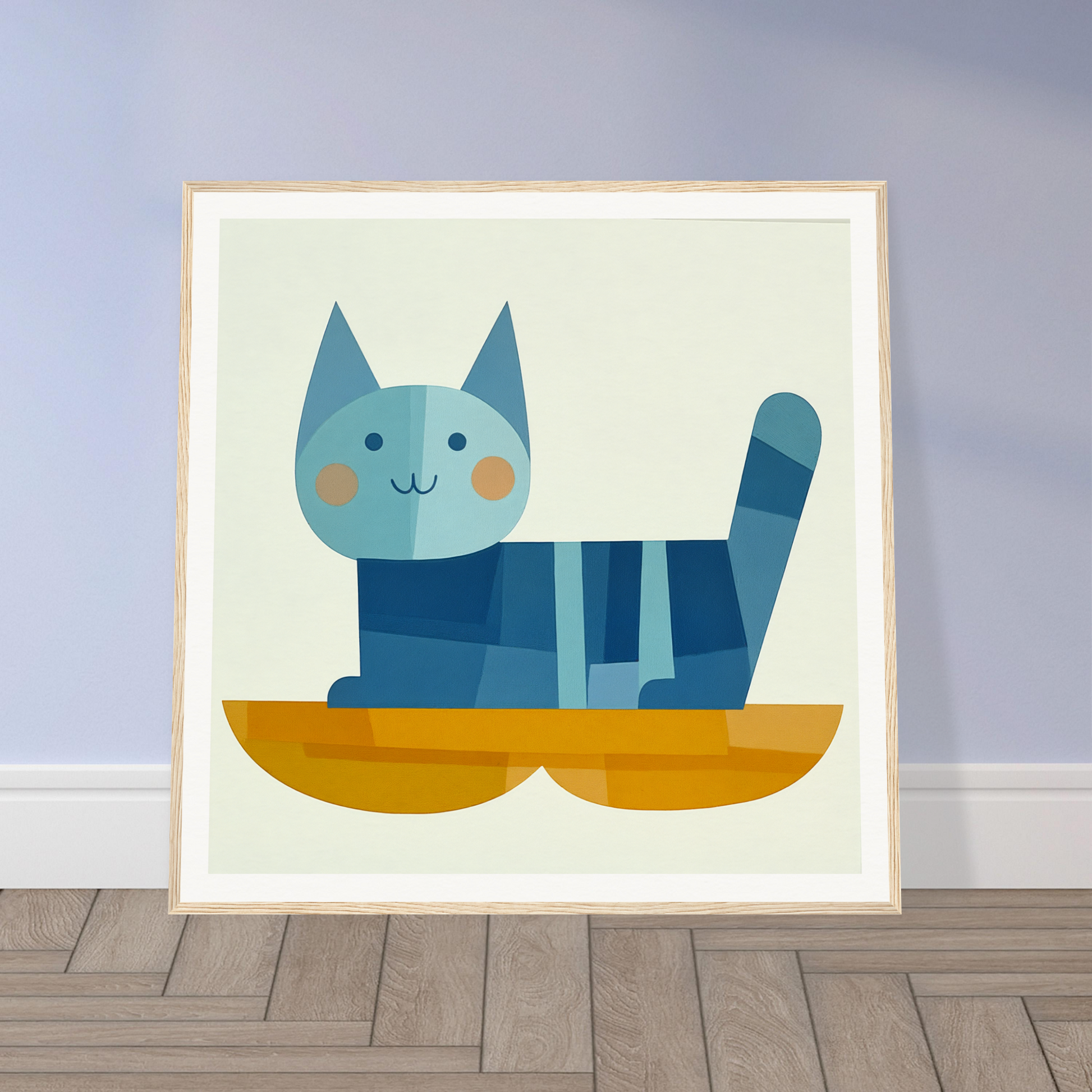 Cute blue striped cartoon cat in a yellow boat for Geometric Cat Dreamgrid