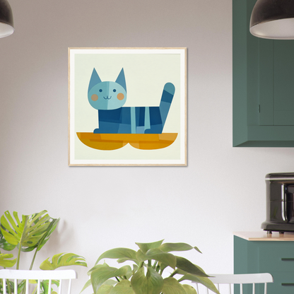 Blue cartoon cat in yellow boat featured in Geometric Cat Dreamgrid design