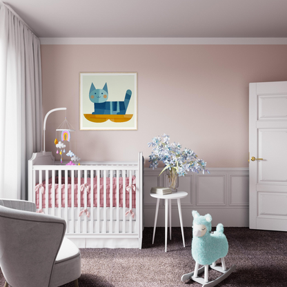 White wooden crib with pink bedding from Geometric Cat Dreamgrid collection