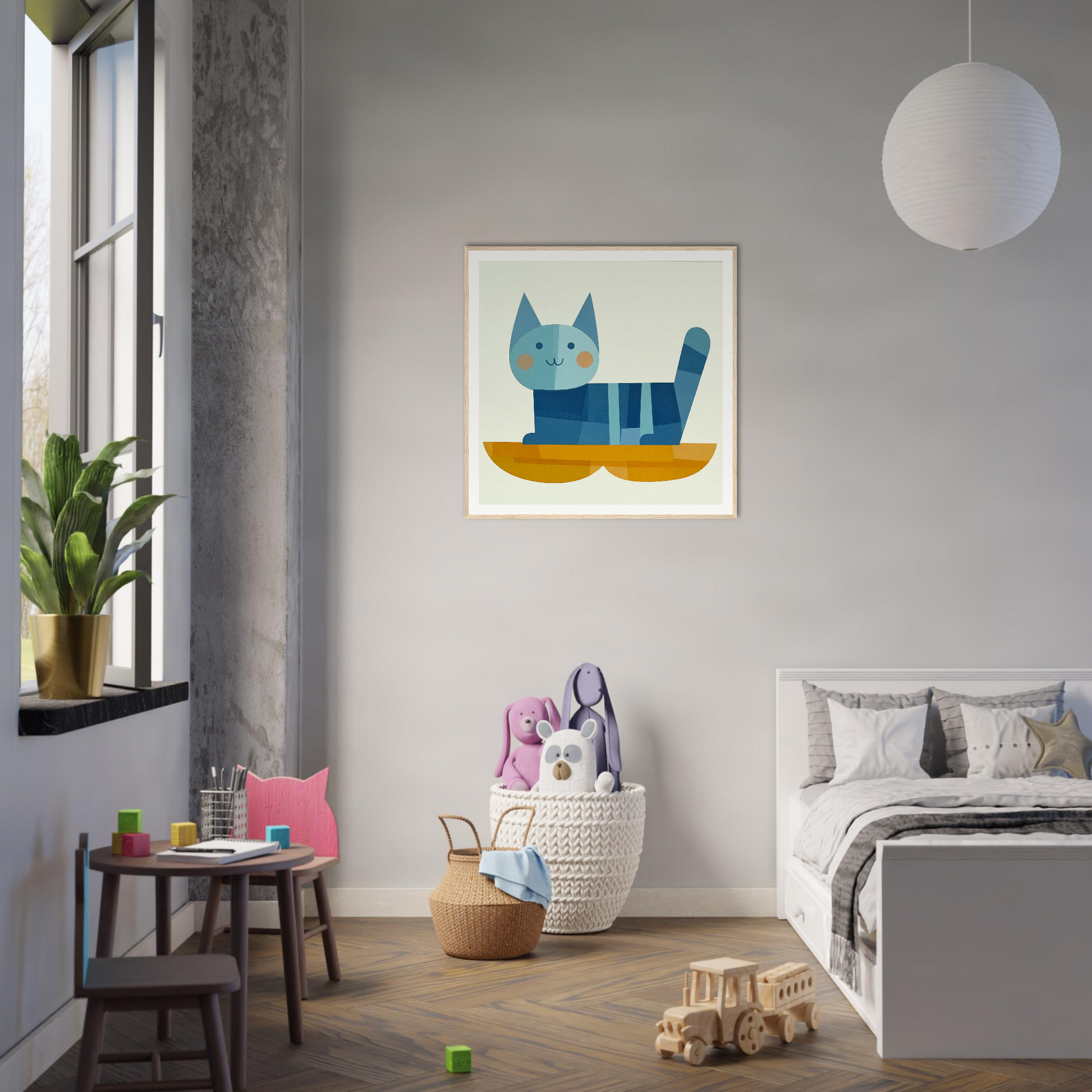 Whimsical blue cat illustration on wall, part of Geometric Cat Dreamgrid collection