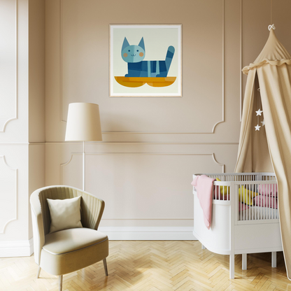 Whimsical blue striped cat illustration on wall from Geometric Cat Dreamgrid collection