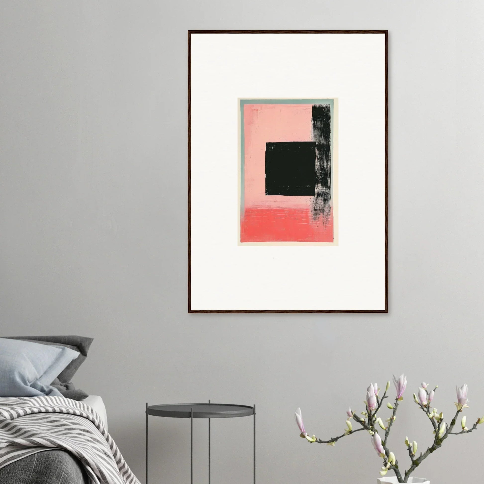 Framed canvas print of Elysian Frenzy with pink and black geometric shapes for room decoration