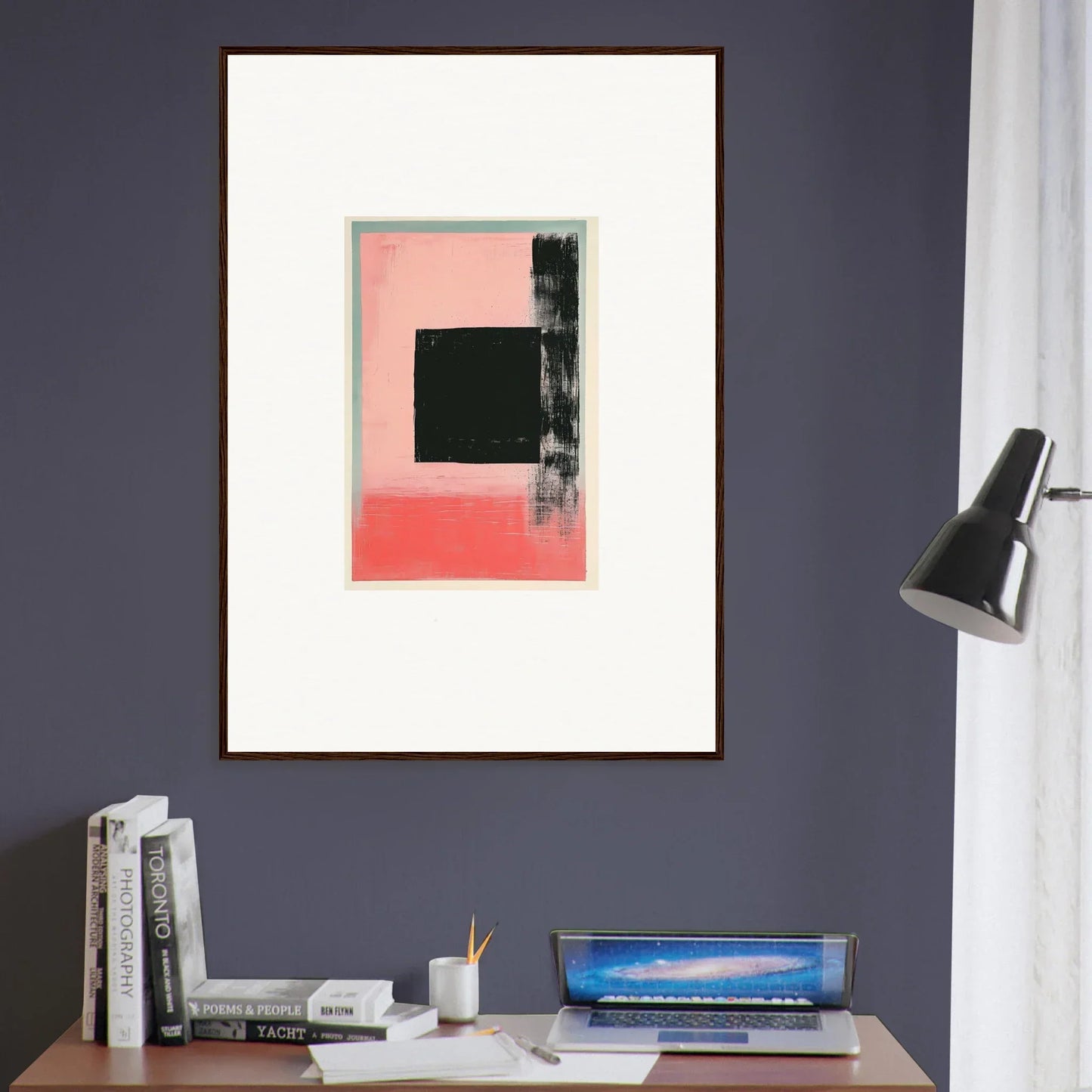 Abstract geometric artwork in pink, black, and gray for Elysian Frenzy room decoration