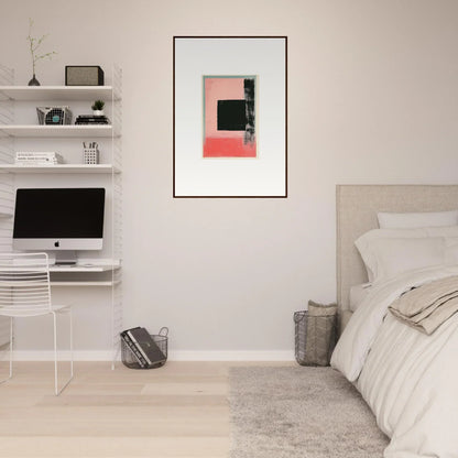 Minimalist bedroom featuring Elysian Frenzy canvas print with white walls and floating shelves