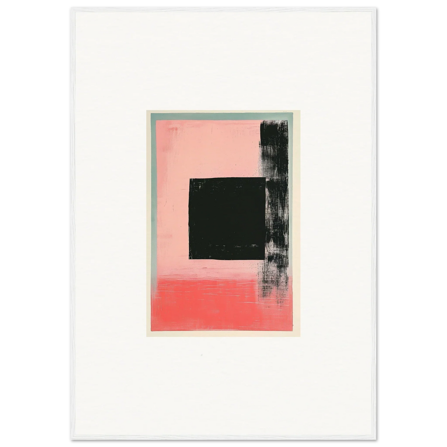 Abstract painting with a black square and brushstrokes on pink for room decoration