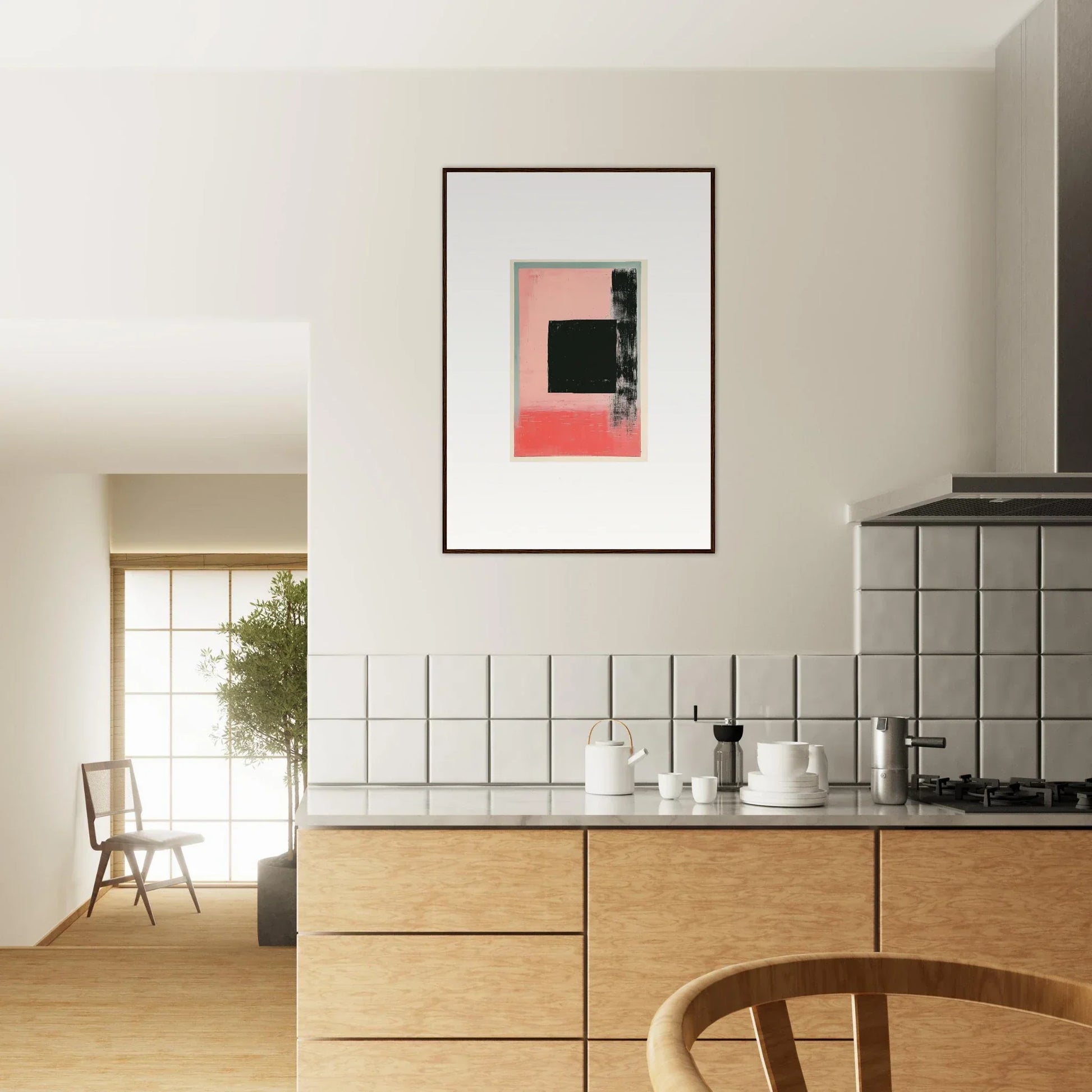 Modern kitchen with wooden cabinets and Elysian Frenzy canvas print for stylish room decoration