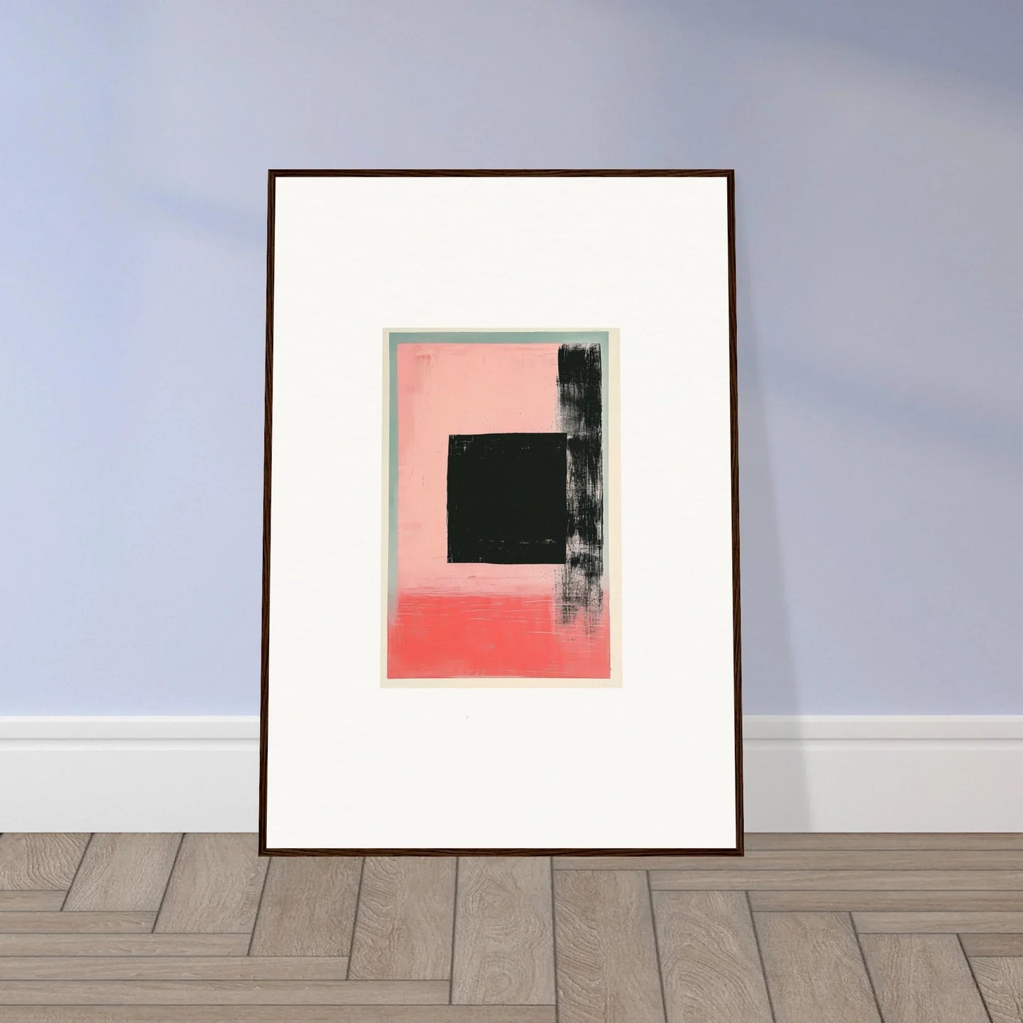 Framed abstract canvas print of Elysian Frenzy with black square on pink background