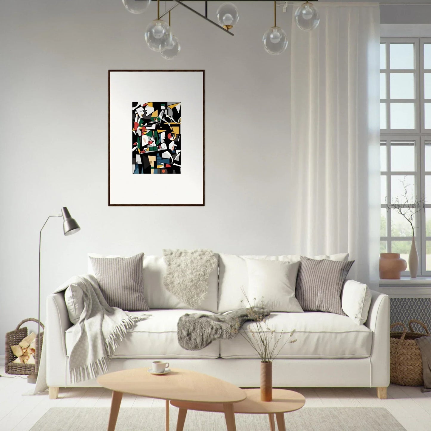 Cozy white sofa with pillows, blankets, and a Geometric Kaleidoscopic Reverie canvas print