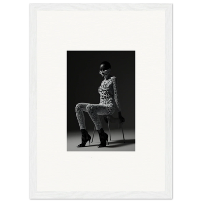 Black and white photograph of a woman seated on a stool wearing a patterned outfit and high heels.