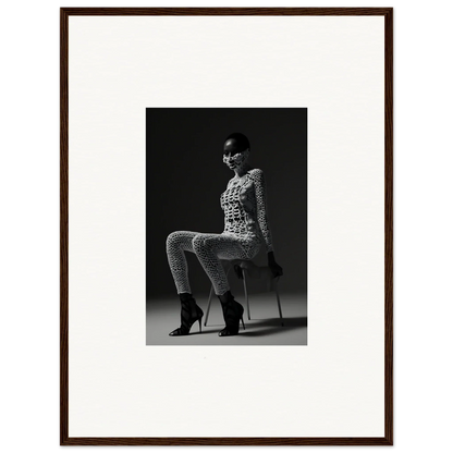 Black and white photograph of a woman in a patterned bodysuit and high heels posing on a stool.